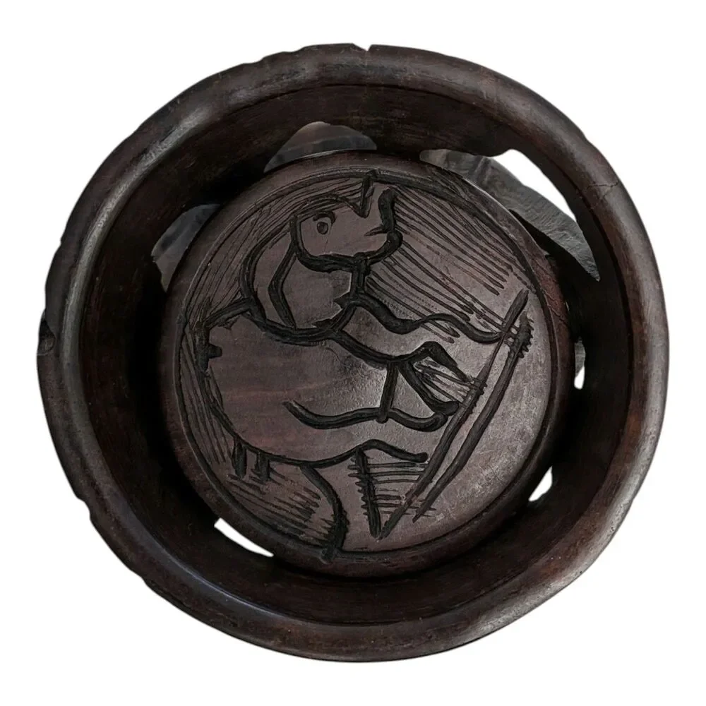 Vintage African Safari Hand Carved Wood Coaster Set Elephants Giraffe Unique